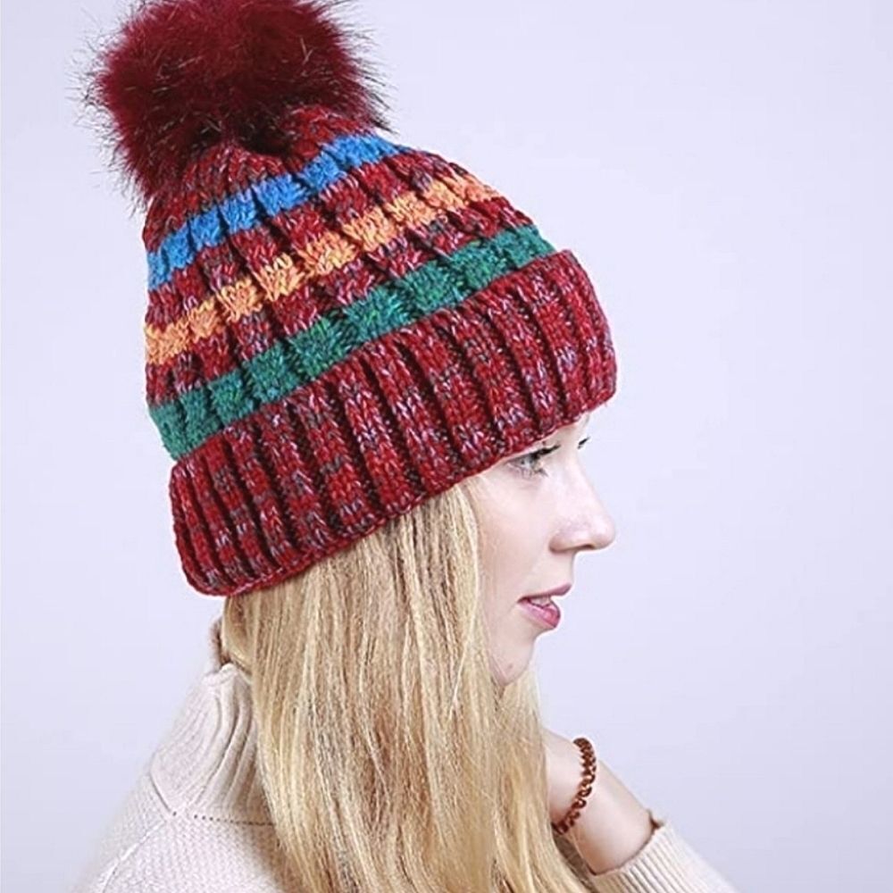 Knit Beanie Large Pompom Fleece - Lined NEW - Picture 3 of 3